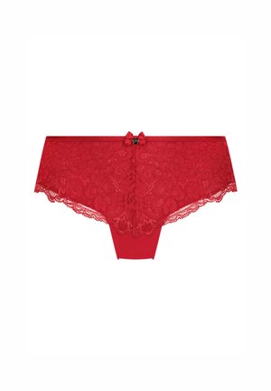 Mutandine in pizzo rosso con motivo floreale, vita liscia e dettaglio centrale a fiocco. Delicati bordi in pizzo arricchiscono il design.