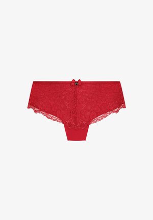 Rode kanten slip met bloemmotieven, een soepele tailleband en een centrale strikdetail. Delicate kantafwerkingen verbeteren het ontwerp.