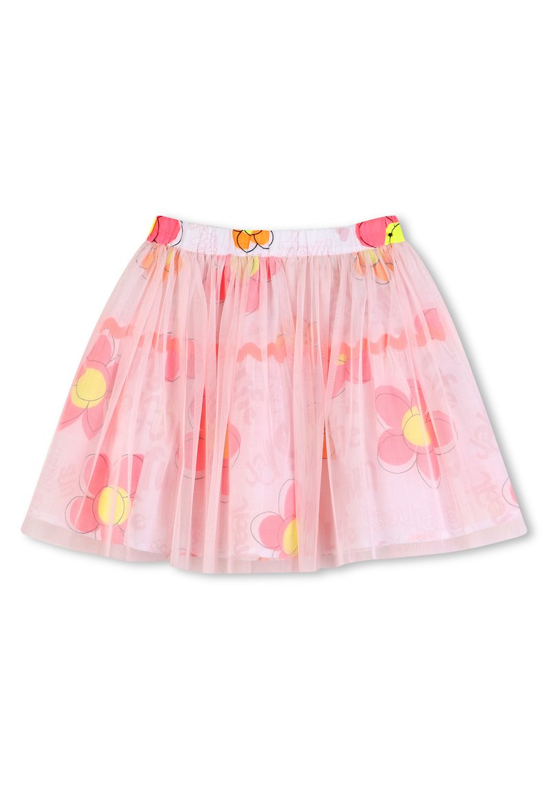 Ροζ φούστα από τούλι με στρωματοποιημένο σχέδιο, διακοσμημένη με πολύχρωμα λουλούδια και λευκή ελαστική μέση με έντονες αποχρώσεις.