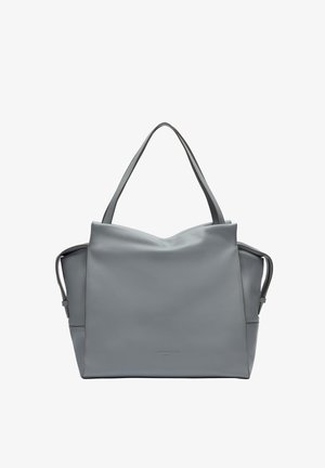 Sac tote en cuir gris avec deux longues anses, une finition douce et un design minimaliste. Présente des coutures discrètes et aucun matériel visible.