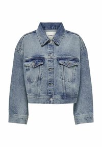 Giacca di jeans accorciata in azzurro chiaro, con un colletto classico, due tasche sul petto con alette e chiusure a bottone. Tessuto texturizzato.