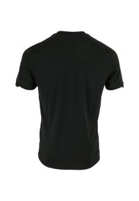 T-shirt noir à manches courtes et col rond, vu de dos sur un fond blanc, avec une texture de tissu lisse et uni.