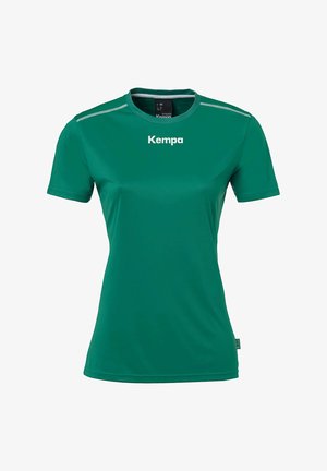 Grøn kortærmet atletisk skjorte lavet af glat, let stof. Har en rund halsudskæring og hvid "Kempa"-logo på forsiden med sølv detaljer.