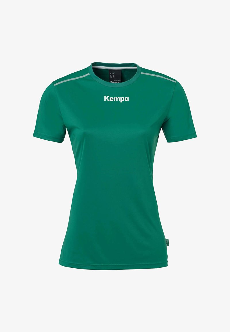Grøn kortærmet atletisk skjorte lavet af glat, let stof. Har en rund halsudskæring og hvid "Kempa"-logo på forsiden med sølv detaljer.