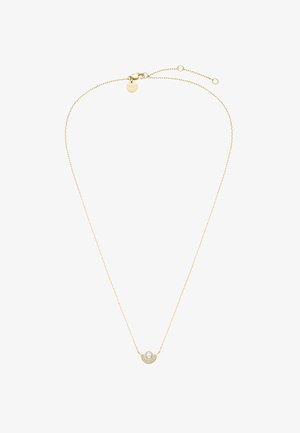 Collier délicat en chaîne d'or avec un petit pendentif circulaire comportant une perle centrale et de petits cristaux autour.