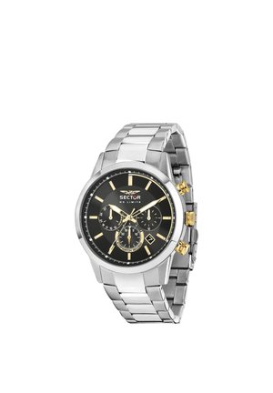 Orologio da polso in metallo argento con quadrante nero, dettagli dorati, tre contatori ausiliari, finestra della data e marchio "Sector No Limits" sul quadrante.