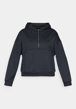 Donkergrijze hoodie met rits, grote zak aan de voorkant, elastische manchetten en een gestructureerde afwerking; heeft een klein logo op de borst.