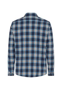 Flanellhemd mit kariertem Muster in Marineblau, Hellblau, Weiß und Braun. Lange Ärmel und Kragen. Weicher, strukturierter Stoff.