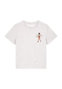 Graues T-Shirt mit kurzen Ärmeln aus Baumwollmischung. Mit einem Grafikdesign einer Frau, die mit einem Hula-Hoop-Reifen tanzt, auf der linken Brustseite.