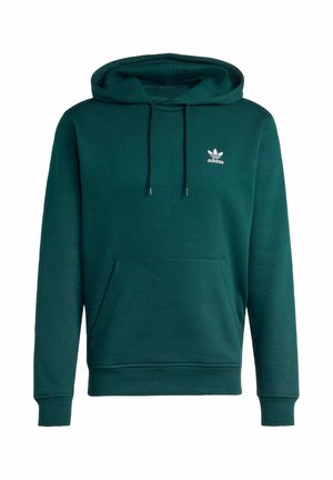 Donkergroene hoodie van een katoenmix, met een voorzak, verstelbare capuchon met trekkoord en een klein wit logo op de borst.