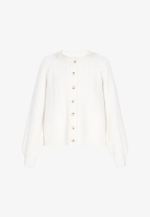 White cable knit cardigan with a round neckline, button closure, and ribbed cuffs. Features large, natural-colored buttons and a relaxed fit.