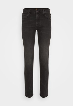 Slim-fit sorte denim jeans med fem lommer, bæltestropper, knaplukning og subtil forvitring på lår og knæ.