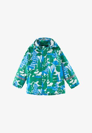 Giacca impermeabile con cappuccio per bambini con motivo astratto di natura nei colori blu, verde e bianco e strisce riflettenti sulle maniche.