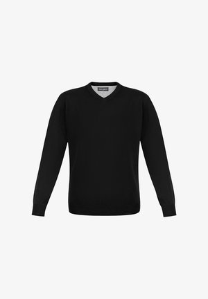 Czarny sweter z dekoltem w serek, długimi rękawami, prążkowanymi mankietami i dołem. Wykonany z gładkiego, elastycznego materiału w jednolitym kolorze.