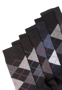 Set of six socks featuring an argyle pattern. Colors include black, gray, and blue. Each sock has distinct diamond shapes and contrasting accents.