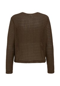 Brauner, langärmeliger Häkelpullover mit Karomuster und rundem Ausschnitt, Rückansicht.