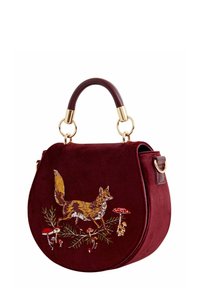 Runde burgunderrote Wildleder-Handtasche mit einem goldfarbenen Griff, auf der Vorderseite mit einem gestickten Fuchs- und Pilzdesign.