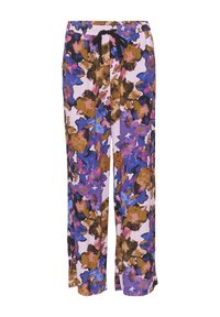 Ohlapne hlače s vzorcem vijoličnih, rjavih in modrih cvetov ter črnimi vezalkami na elastičnem pasu.