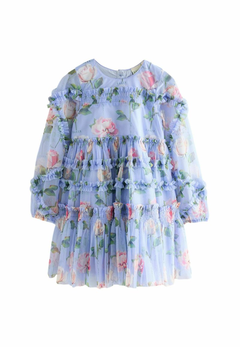 Blumenkleid aus leicht blauem Stoff, mit gestuften Rüschen, langen Ärmeln und einem Rosenmuster mit grünen Blättern. Geraffte Taillenpartie.