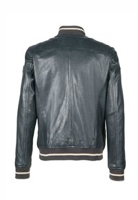 Ciemnoturkusowa skórzana kurtka z prążkowanym kołnierzem i mankietami, akcentami w paski, gładką fakturą i dopasowanym krojem, z detalami szwów na plecach.