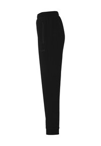 Sorte atletiske bukser med en tapered design, elastisk talje, sidelommer med lynlås og en glat, let tekstur.