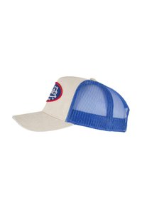 Cappellino beige con retro in rete blu, visiera curva e logo a patch rosso e blu nella parte anteriore. La texture è liscia con un design in rete traspirante.