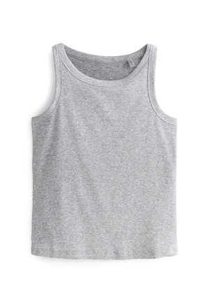 Šedý žebrovaný tílko s širokými ramínky, kulatým výstřihem a měkkou, elastickou texturou. Žádné viditelné logo ani výrazné vzory.