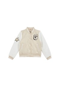 Šviesiai ruda bombančio tipo striukė su baltais rankovėmis, su šonkauliniais rankogaliais ir apatine dalimi, kurioje yra juodas "G" aplikacija ir žvaigždės grafika kairėje rankovėje.