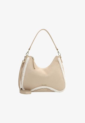 Sac à main beige avec une surface lisse et une bordure blanche duveteuse. Doté d'une bandoulière unique et d'une bandoulière amovible.