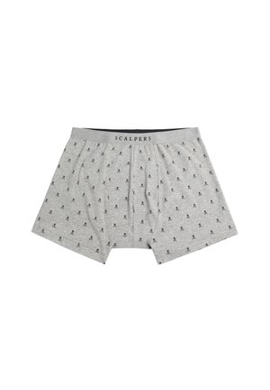 Boxers gris en coton avec une texture douce, présentant un motif répétitif de petits crânes en bleu marine, et une taille élastique portant l'inscription "SCALPERS."