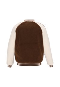 Brun og creme fleece bomberjakke med en blød tekstur, raglanærmer og ribbede brune manchetter og bund.