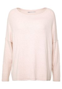 Haut rose clair à manches longues fabriqué dans un tissu doux et texturé. Il possède un col large et une coupe ample et décontractée. Design simple sans accents visibles.