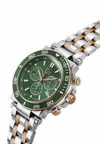 Stainless steel watch with a green textured dial, gold accents, chrono sub-dials, and a two-tone bracelet of silver and gold links.
