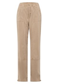 Beige drawstring pants made of soft fabric with side pockets, gold-tone buttons, and stitched accents. Straight leg silhouette with elastic cuffs.