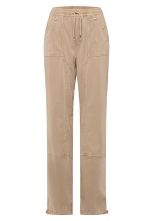 Beige drawstring pants made of soft fabric with side pockets, gold-tone buttons, and stitched accents. Straight leg silhouette with elastic cuffs.