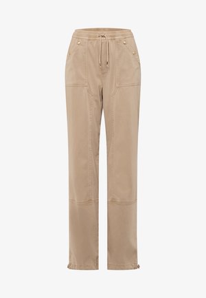 Beige drawstring pants made of soft fabric with side pockets, gold-tone buttons, and stitched accents. Straight leg silhouette with elastic cuffs.