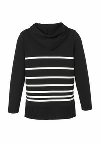Zwarte hoodie met zes gelijkmatig verdeelde horizontale witte strepen op de rug en een geribbelde zoom aan de onderkant.