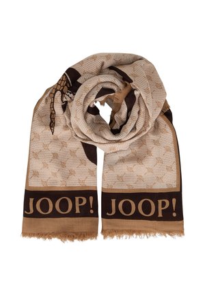 Beiger und braun gemusterter Schal mit Fransen an den Rändern, großer dunkelbrauner Schriftzug "JOOP!" an beiden Enden, in der Mitte locker zusammengerollt.