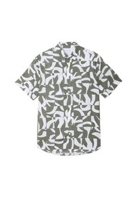 Korte mouw button-up shirt met een groen-wit abstract patroon, gemaakt van lichte stof met een kraag en een puntige zoom.