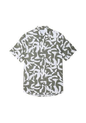 Kurzarm-Hemd mit Knöpfen, das ein grün-weißes abstraktes Muster zeigt. Es besteht aus leichtem Stoff und hat einen Kragen sowie einen spitzen Saum.