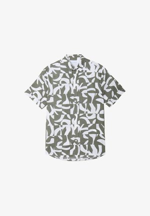 Kurzarm-Hemd mit Knöpfen, das ein grün-weißes abstraktes Muster zeigt. Es besteht aus leichtem Stoff und hat einen Kragen sowie einen spitzen Saum.