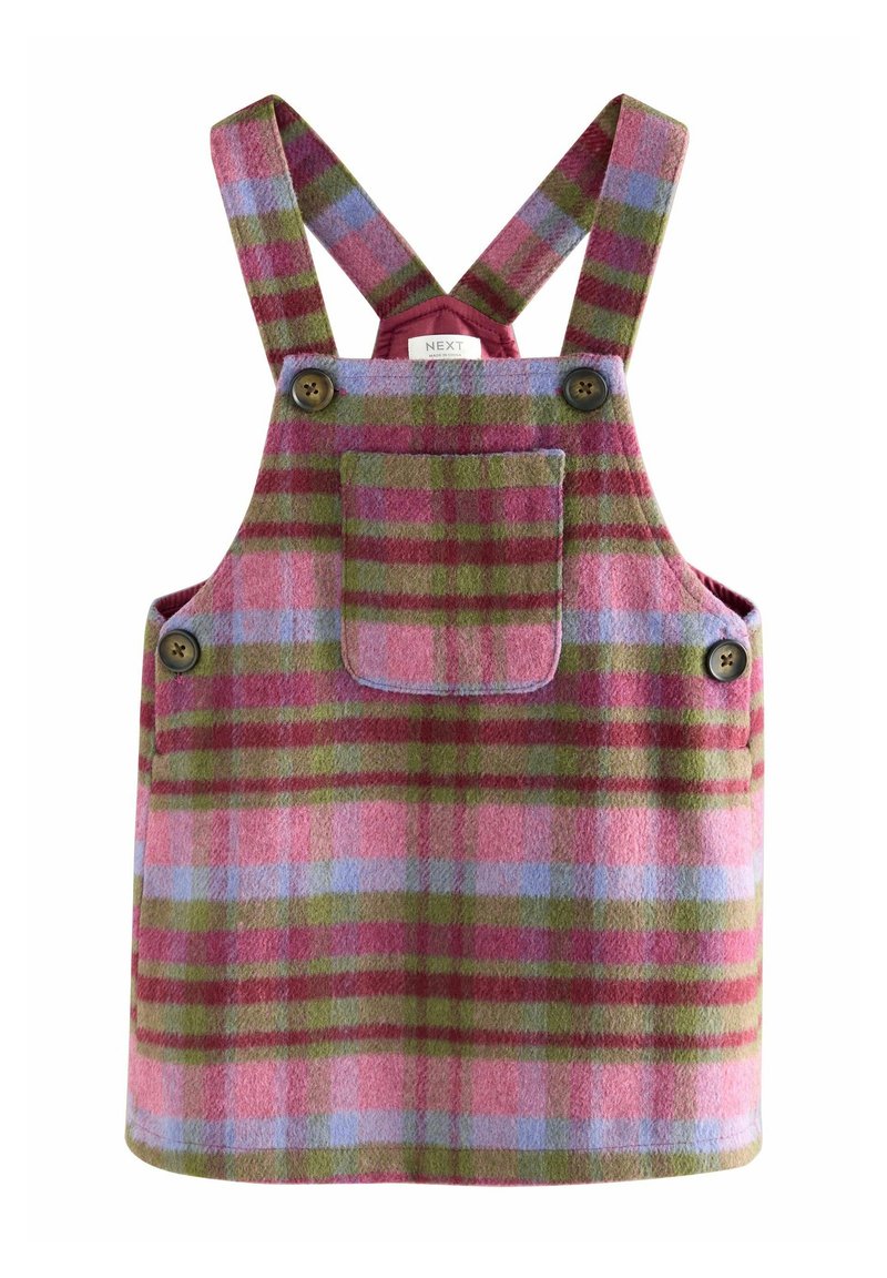 Robe tablier pour tout-petit avec motif à carreaux rose, vert et bleu, poche avant, bretelles boutonnées et boutons latéraux.
