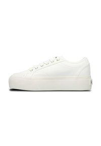 White low-top sneaker with textured leather upper, white rubber sole, lace-up front, and subtle stitching details, shown from side view.