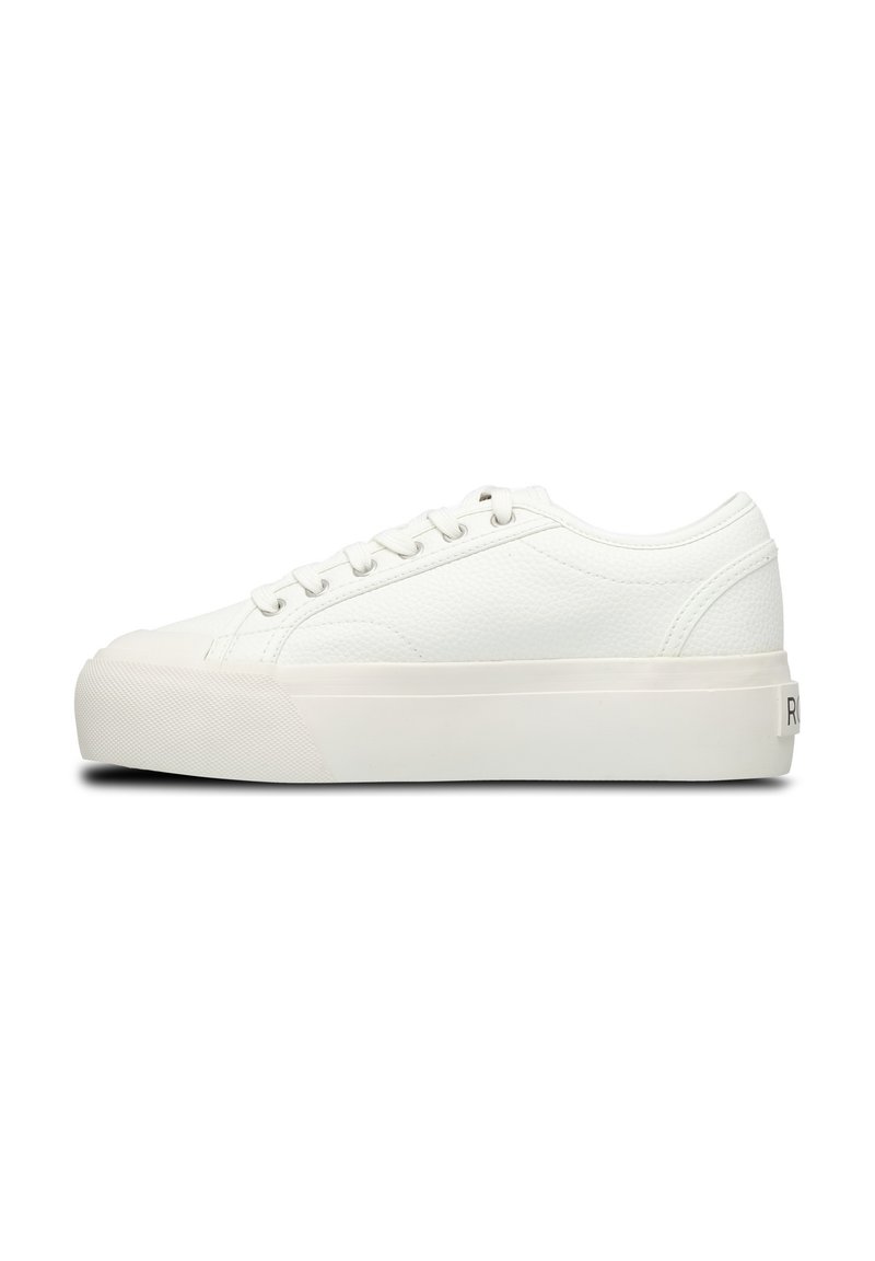 White low-top sneaker with textured leather upper, white rubber sole, lace-up front, and subtle stitching details, shown from side view.