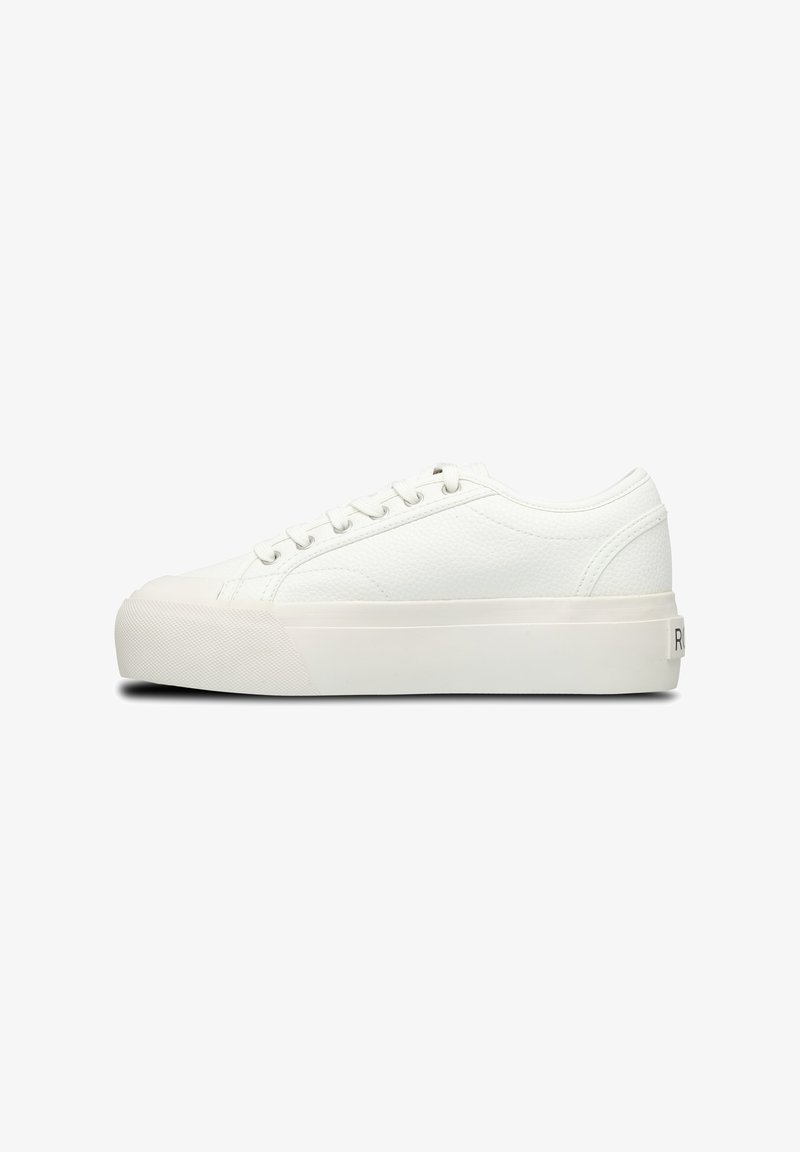 White low-top sneaker with textured leather upper, white rubber sole, lace-up front, and subtle stitching details, shown from side view.