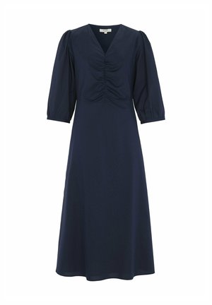 Marineblaues Midikleid mit V-Ausschnitt, gerafftem Vorderteil und dreiviertellangen Puffärmeln mit elastischen Bündchen.