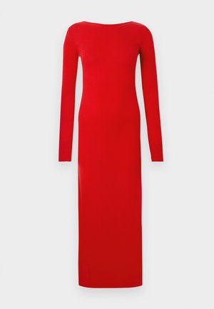 Red long-sleeve dress, fitted design, crew neckline, made from smooth fabric, ankle-length with sleek silhouette and minimal detailing.