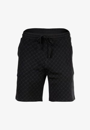 Zwarte casual shorts met subtiel ruitpatroon, elastische tailleband en voorste trekkoord.