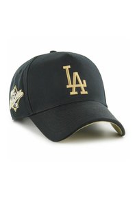 Gorra de béisbol negra con un logo "LA" bordado en oro en la parte frontal, que presenta una visera curva y un interior en tono dorado oscuro.