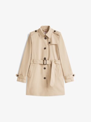 Beige trench coat made from smooth fabric, featuring a belted waist, button closure, epaulettes, and two front pockets.